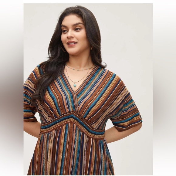 BloomChic Striped Contrast Dolman Sleeve Shirred Pocket Split Flutter Dress 2XL - Picture 3 of 7